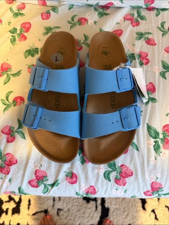 Birkenstock Shoes - Arizona Birkenstock, vegan Light Blue Two-Buckle Slide Sandals